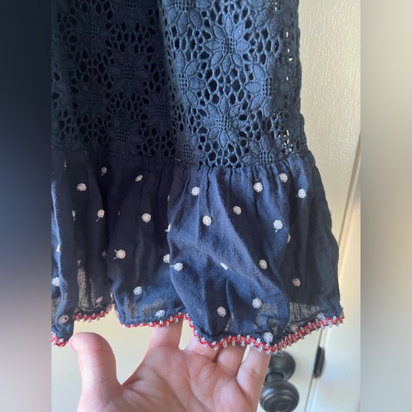 Vintage Manoush Lace Macrame Ruffle Hem Tank Dress Navy Cream Bohemian Boho - Picture 3 of 8